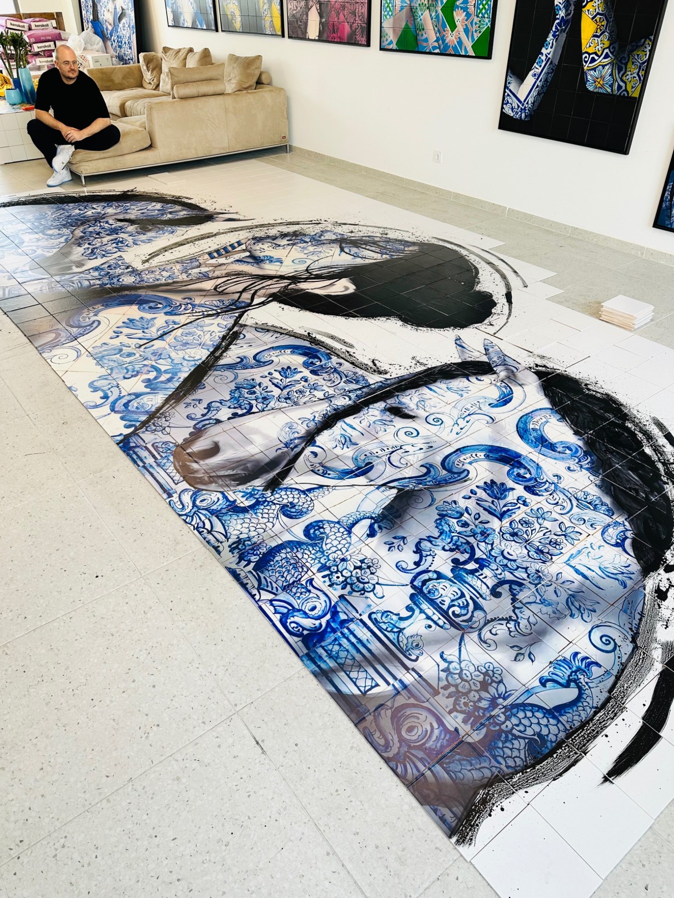Preparing Eternidade in the studio: the tile composition before installation.
